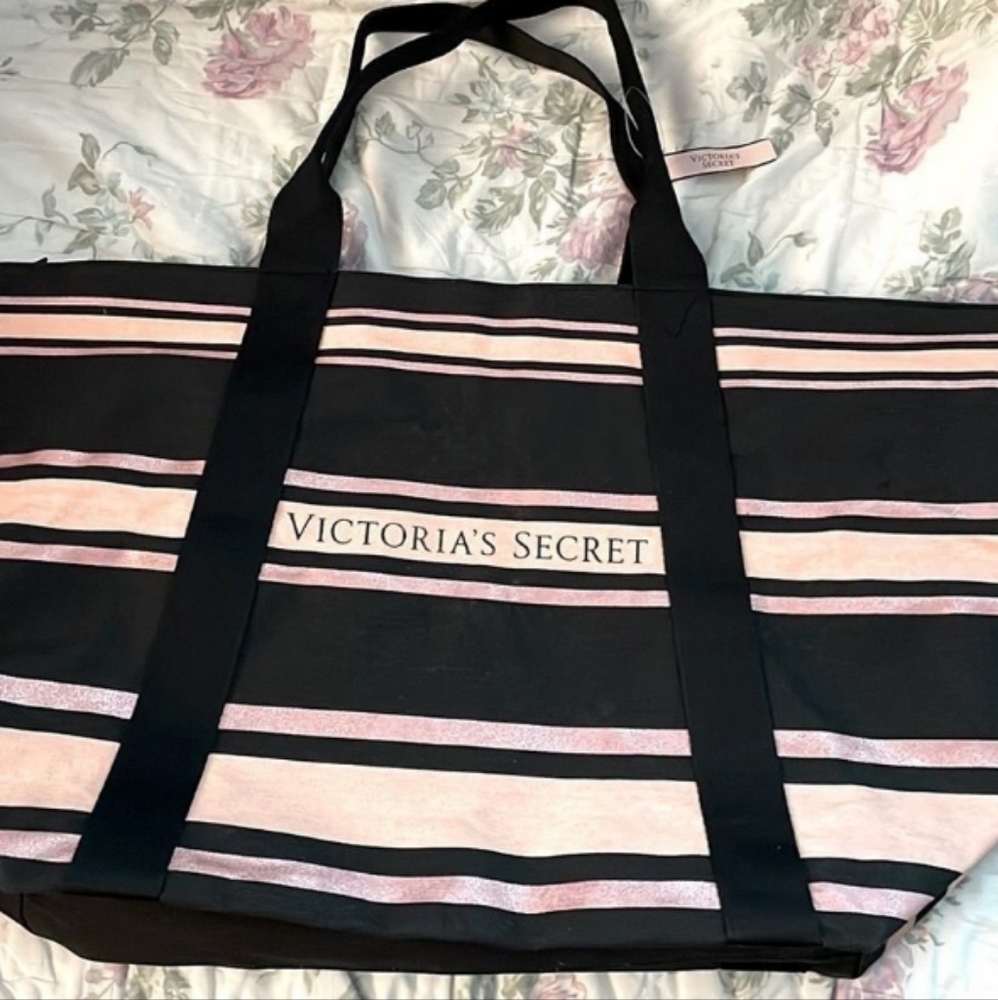 Victoria’s Secret Pink & Black Striped Large Weekender Tote Beach Bag  NWT